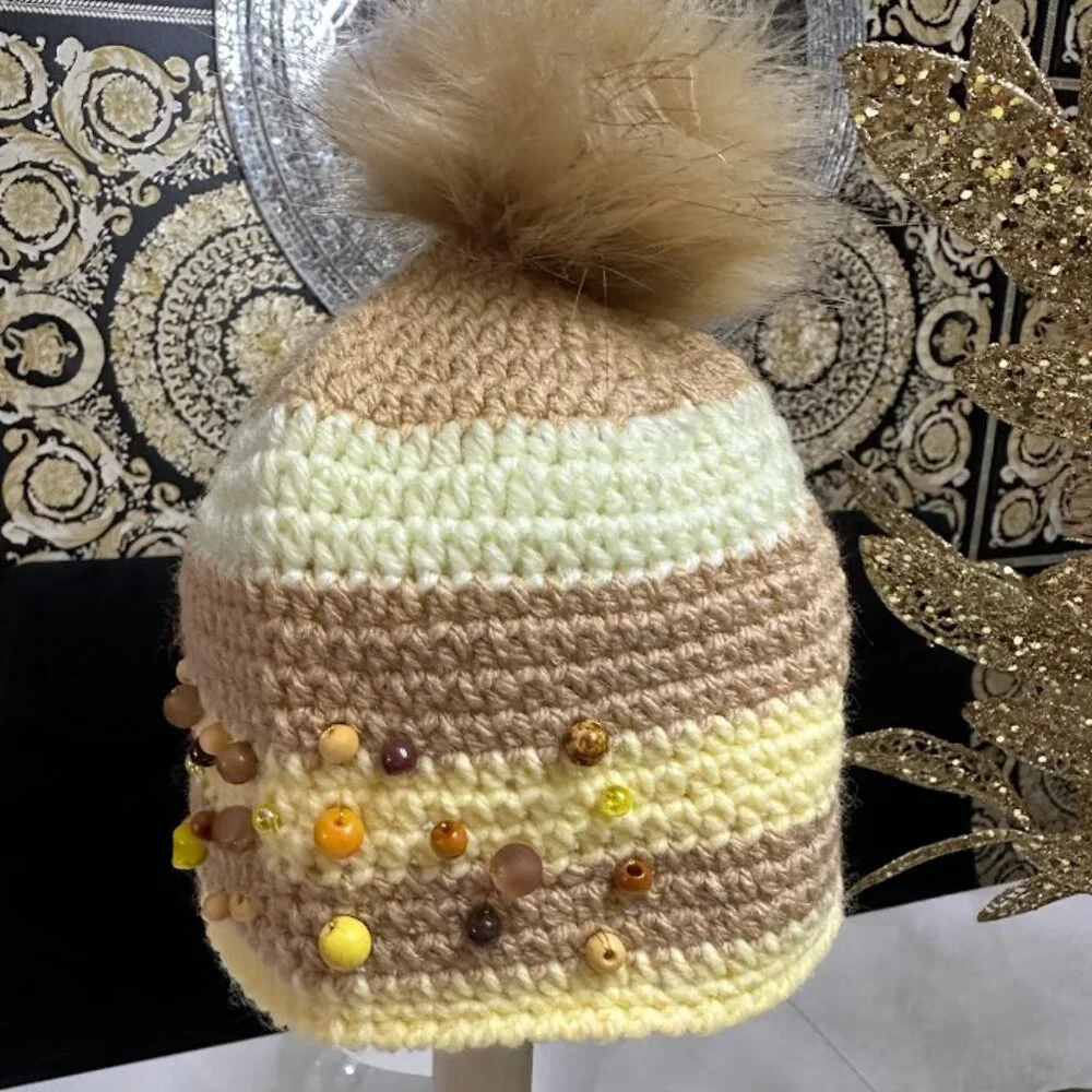 Handmade Crochet Beanie Hat With Pom Pom And Amber Bead Embellishments